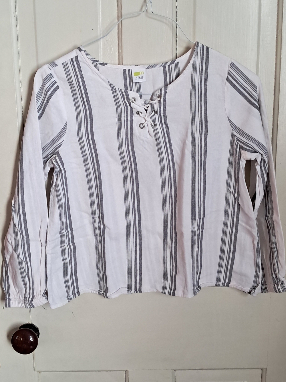 Crazy 8 Striped Lace-Up Long Sleeve Top - White & Gray